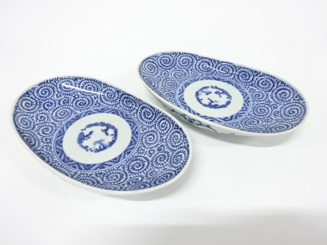 古伊万里　染付　蛸唐草　長皿　2客